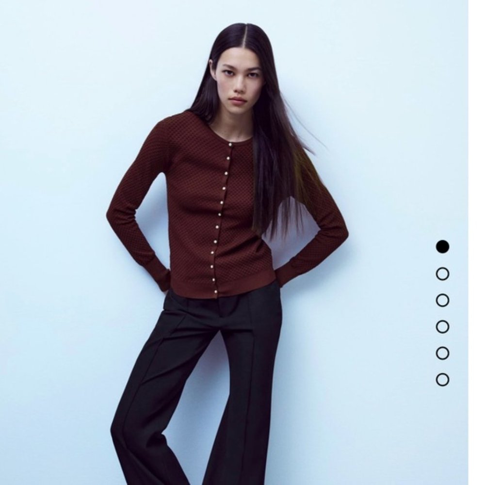 Zara Burgundy Knit Jewel Rhinestones Buttons Textured Cardigan, NWT, M - Picture 2 of 14